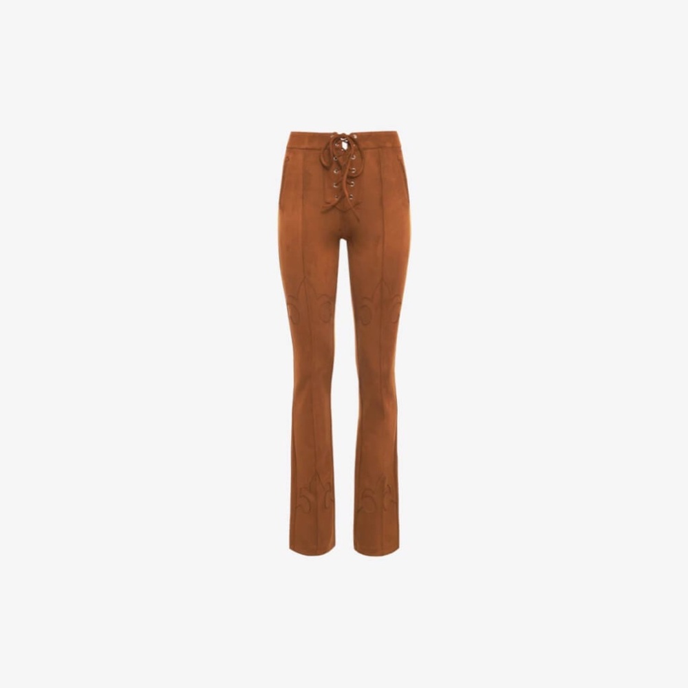 Rumored Cognac Lace-Up Flare Suede Pants